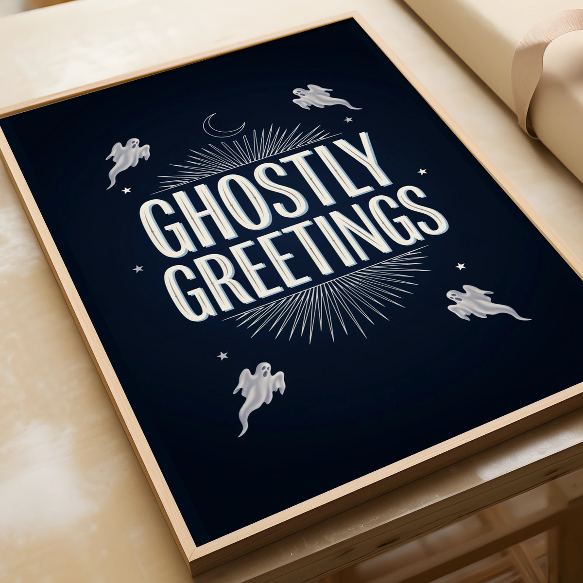 Ghostly Greetings Halloween Poster, Spooky Ghost Wall Art, Navy Blue Celestial Print