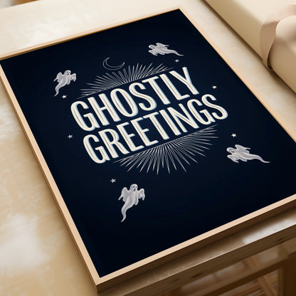 Ghostly Greetings Halloween Poster, Spooky Ghost Wall Art, Navy Blue Celestial Print