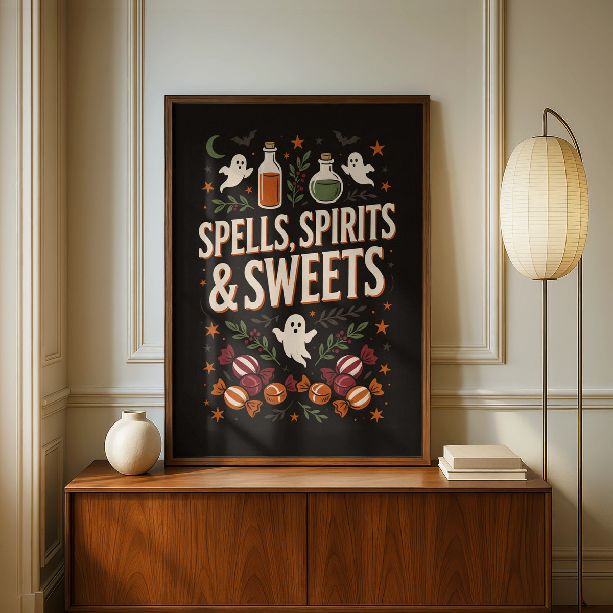 Spells Spirits and Sweets Halloween Poster, Witchy Ghost Wall Art, Dark Retro Print