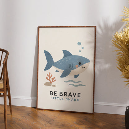 Be Brave Little Shark Nursery Print, Cute Ocean Wall Art, Kids Room Poster, Blue