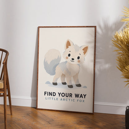Arctic Fox Nursery Poster, Find Your Way, Cute Animal Kids Wall Art Print