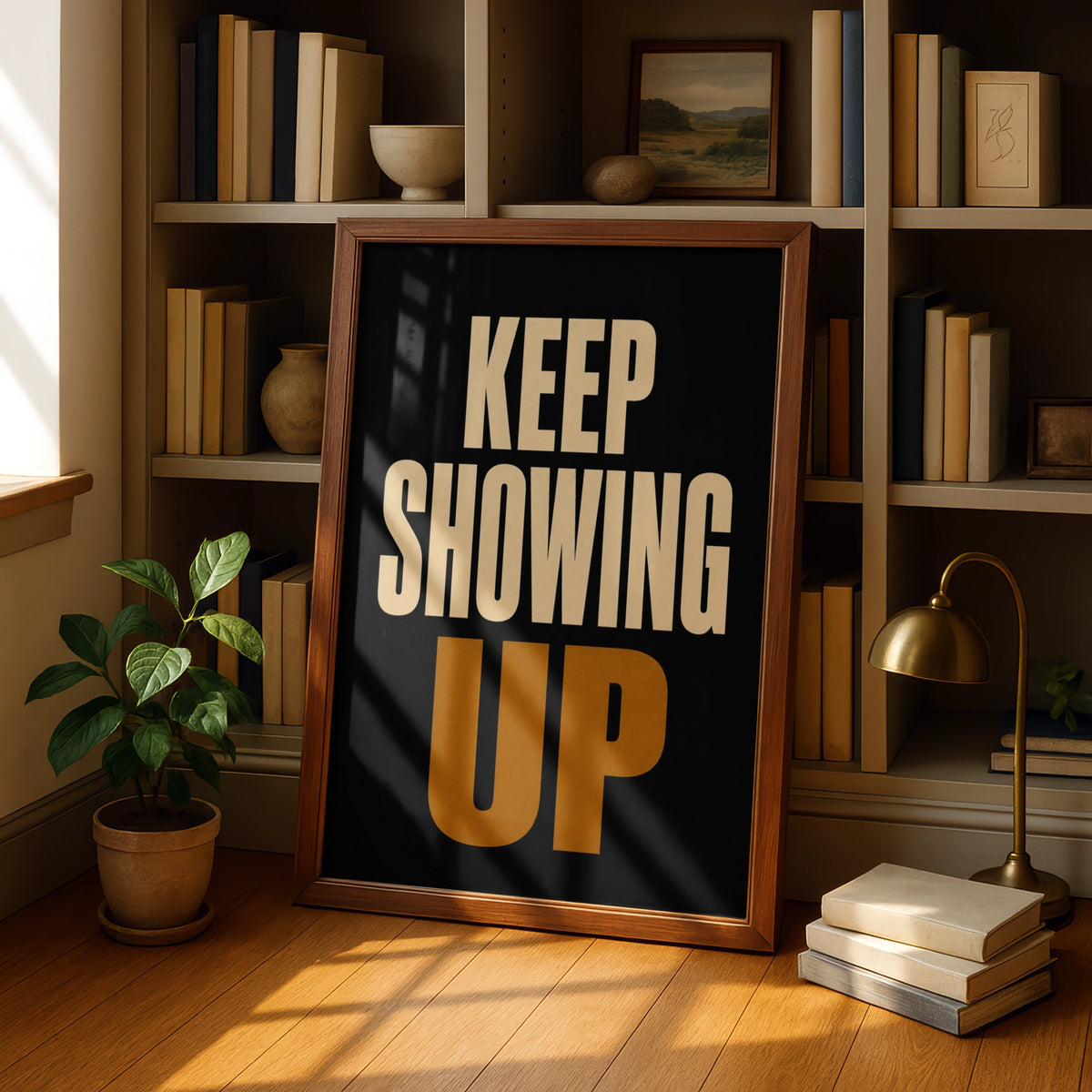 Keep Showing Up Motivational Poster, Bold Typography Wall Art, Black Gold Print
