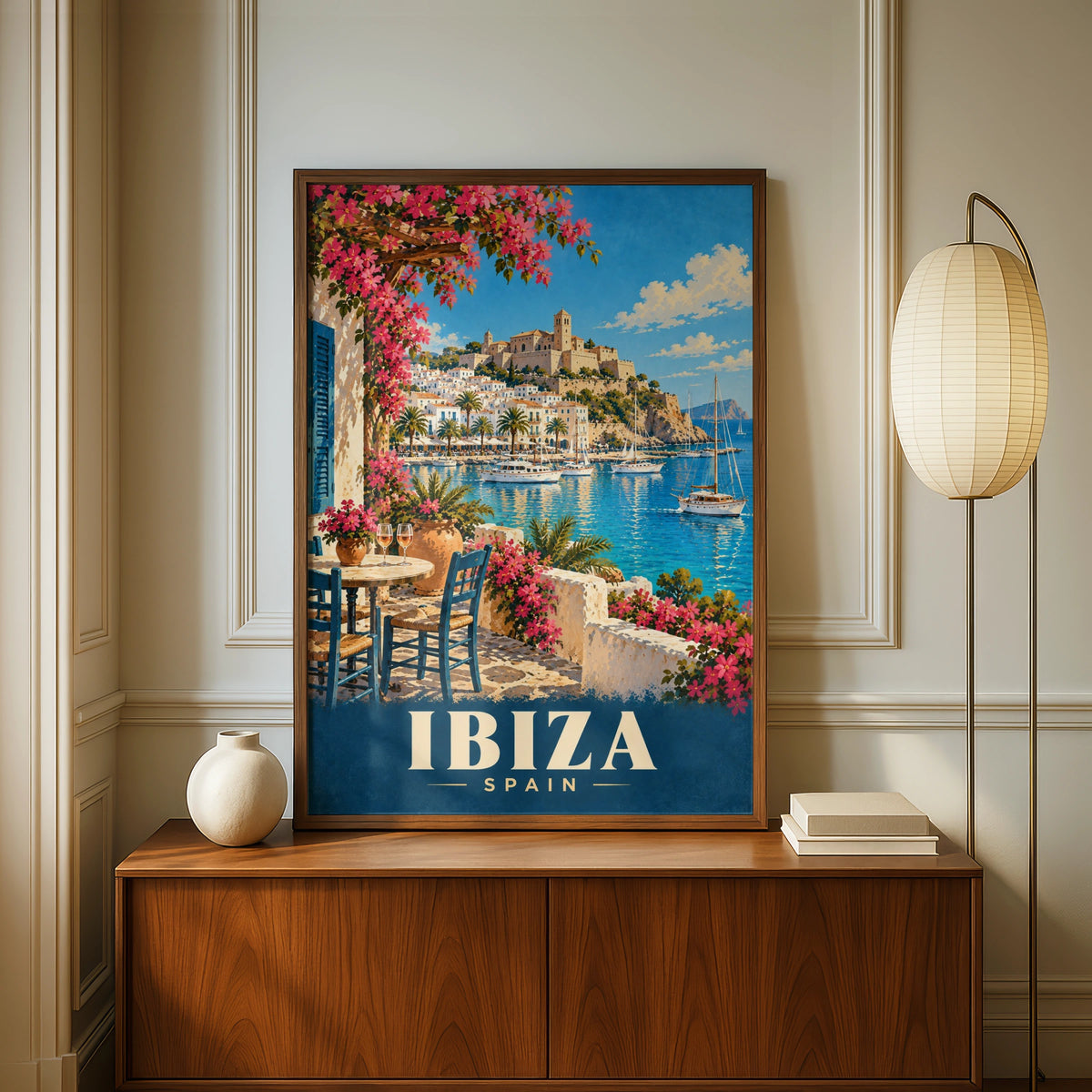 Ibiza Spain Travel Poster, Mediterranean Harbour Wall Art, Vintage Style Print