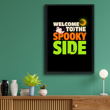 Welcome To The Spooky Side Halloween Poster, Ghost Bat Moon Wall Art Print