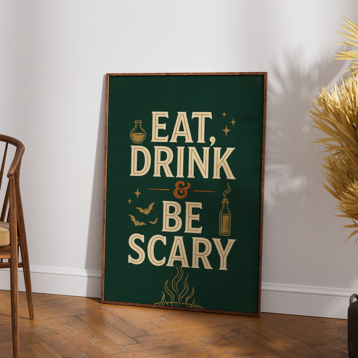 Eat Drink and Be Scary Halloween Poster, Spooky Typography Wall Art, Dark Green