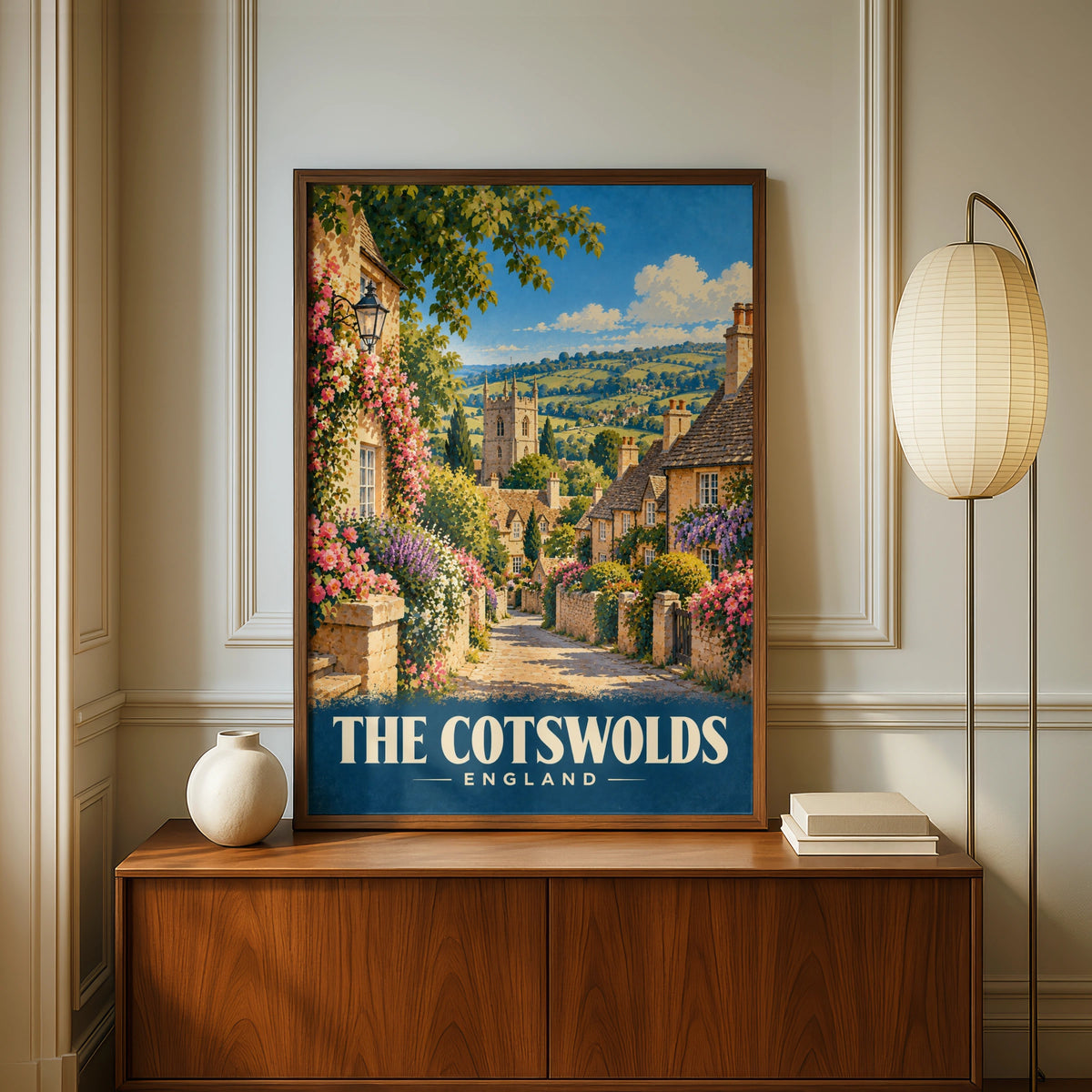 Cotswolds England Travel Poster, Vintage Village Wall Art, English Countryside Print
