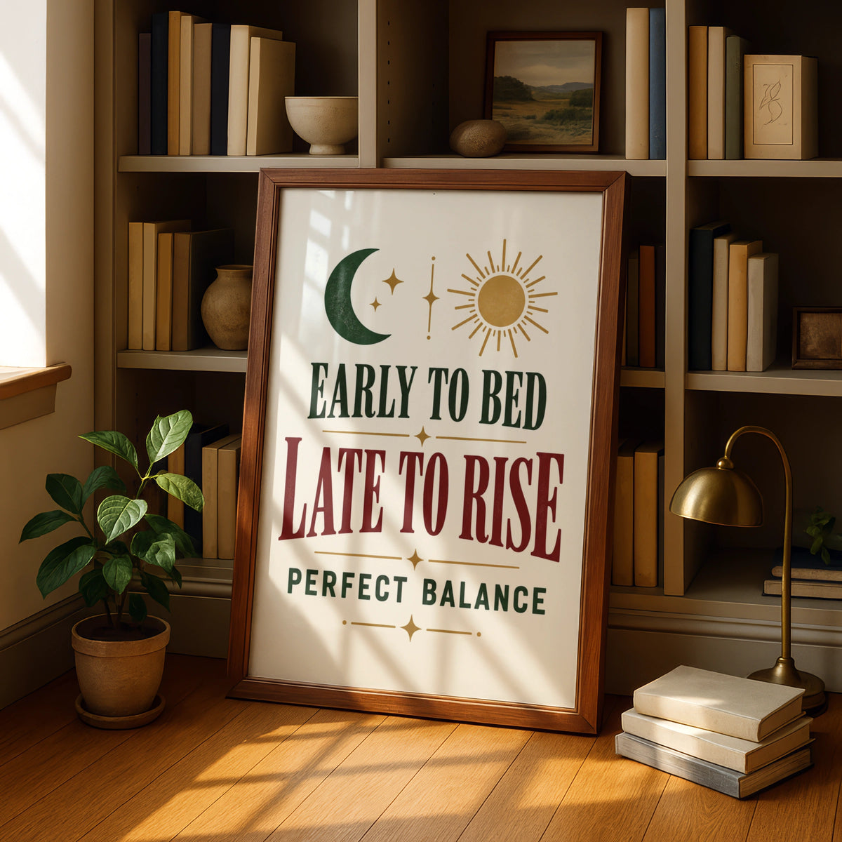 Early to Bed Late to Rise Funny Quote Poster, Sun Moon Wall Art, Bedroom Print
