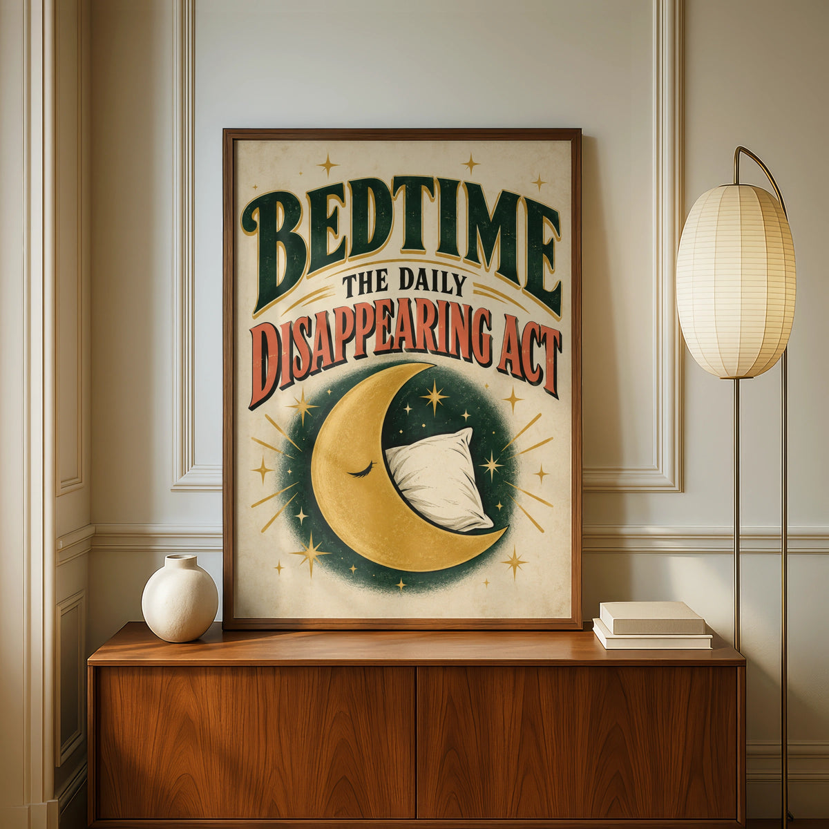 Bedtime Daily Disappearing Act Funny Sleep Poster, Vintage Moon Wall Art Print