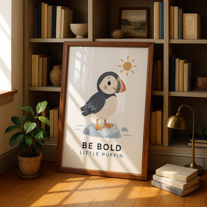 Be Bold Little Puffin Print, Cute Bird Nursery Wall Art, Children's Coastal Poster