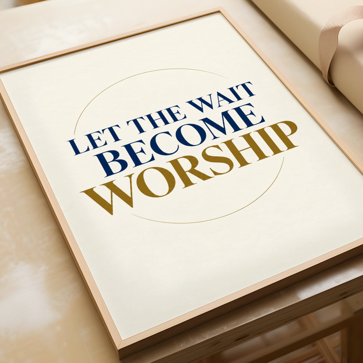 Let The Wait Become Worship Print, Christian Wall Art, Navy Gold Faith Poster
