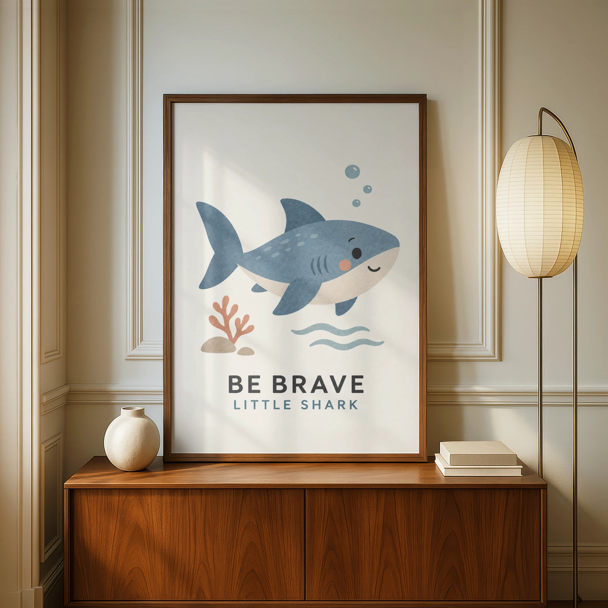 Be Brave Little Shark Nursery Print, Cute Ocean Wall Art, Kids Room Poster, Blue