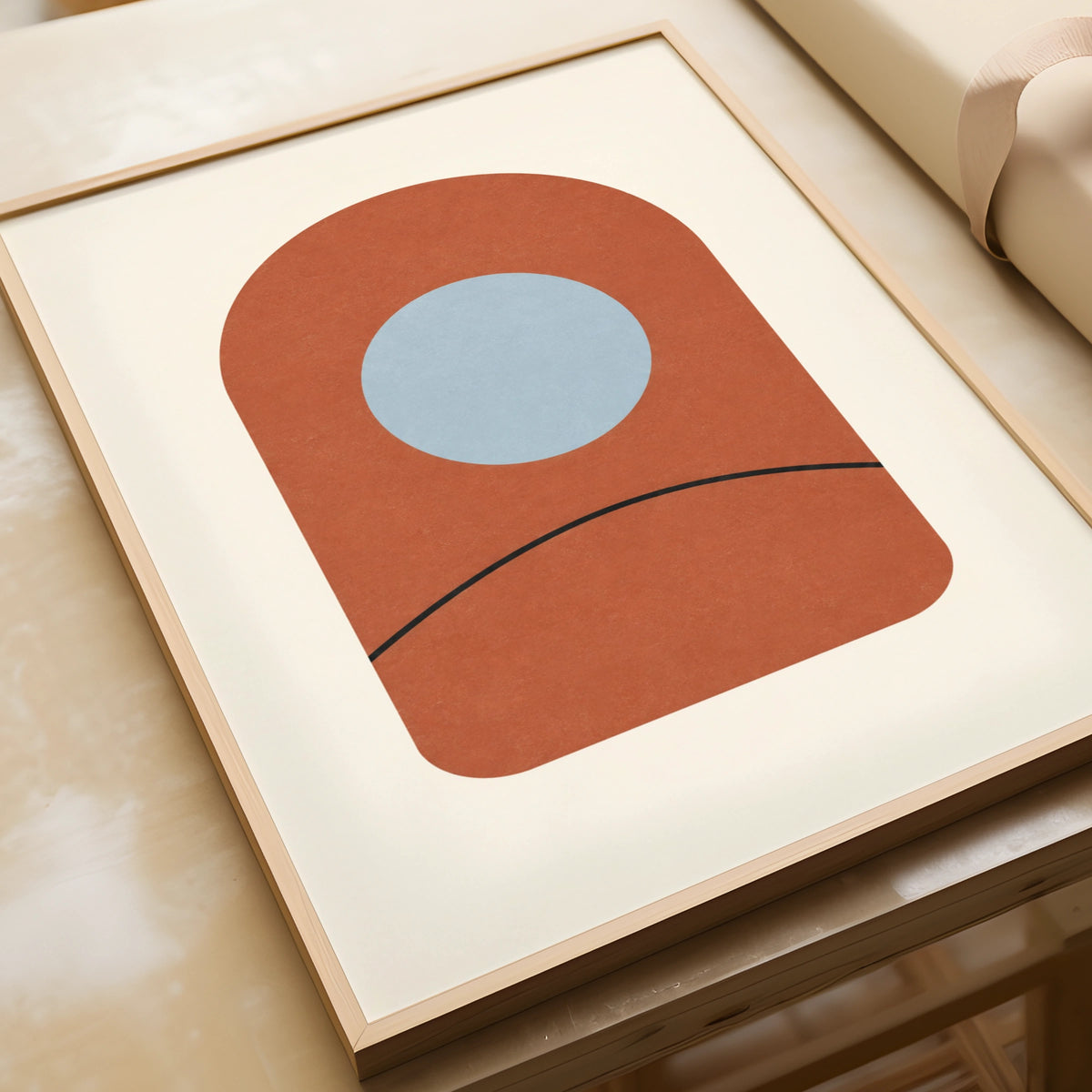 Terracotta Arch Window Art Print, Minimalist Clay Abstract Poster, Blue Circle Wall Art