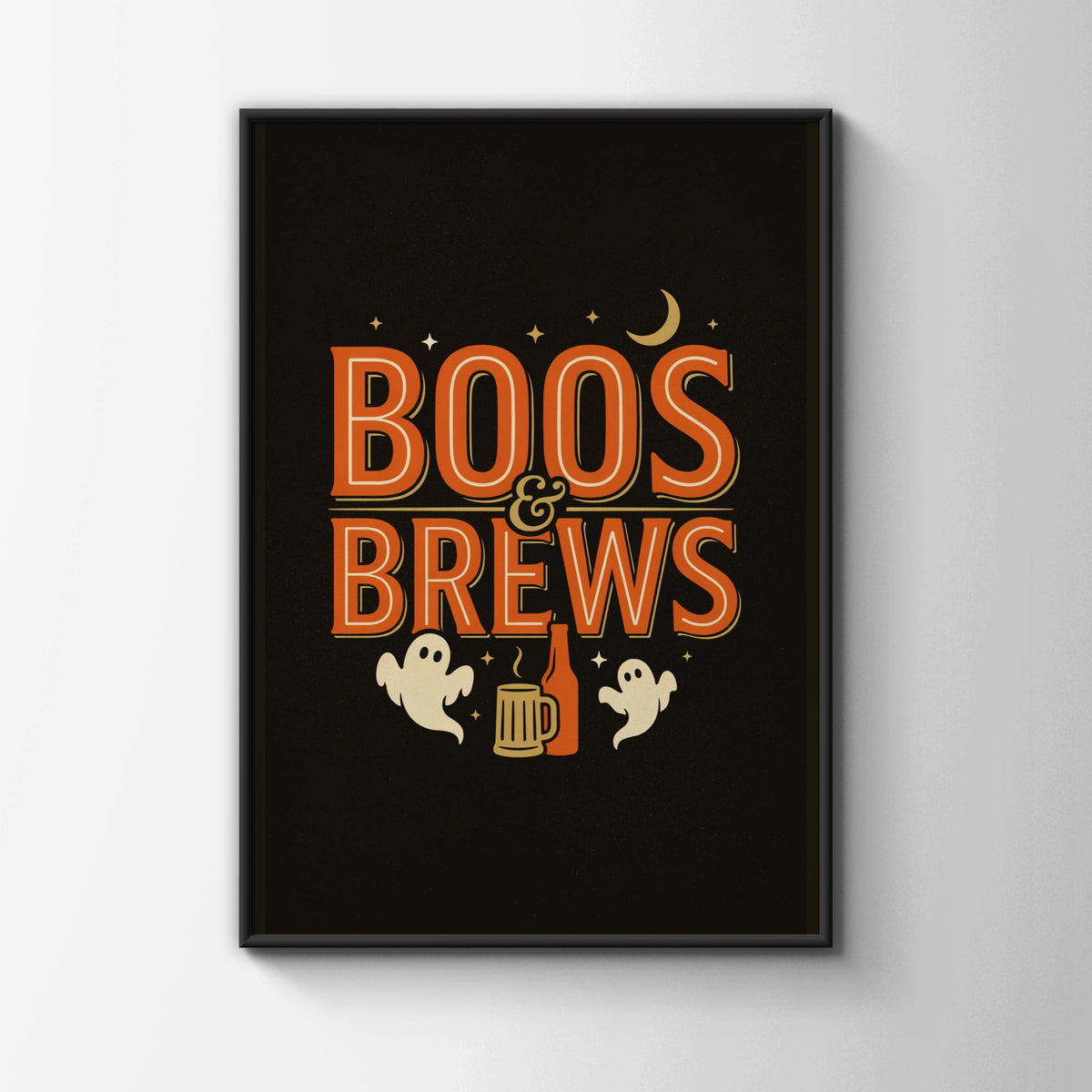Boos and Brews Halloween Poster, Ghost Beer Print, Spooky Bar Wall Art, Orange Black
