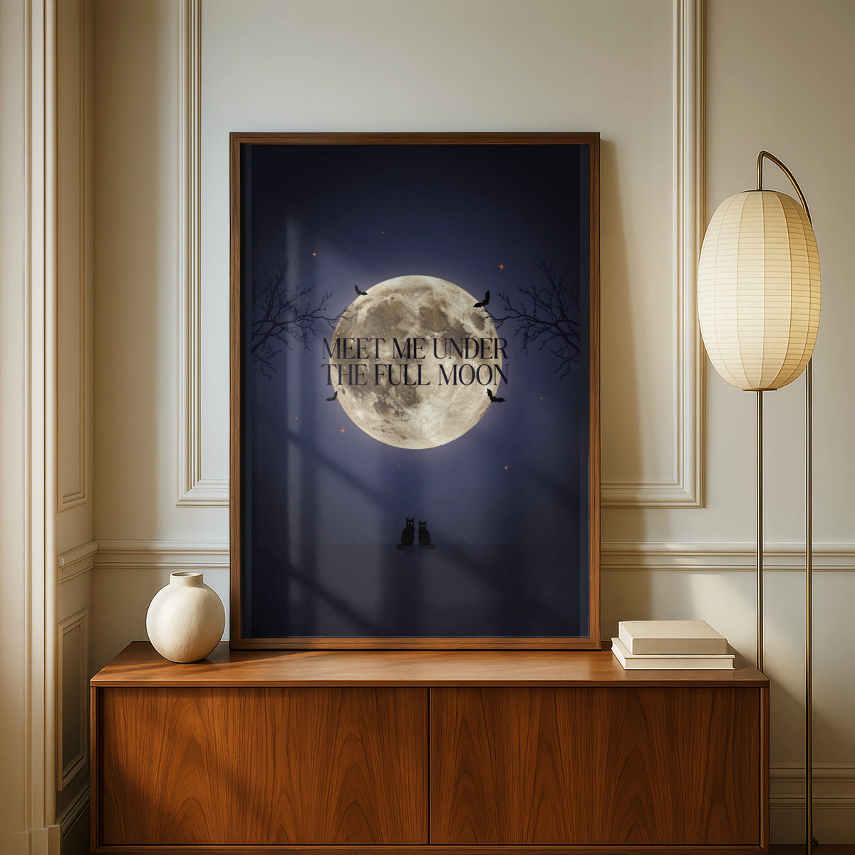 Meet Me Under The Full Moon Poster, Black Cat Halloween Wall Art, Spooky Night Print