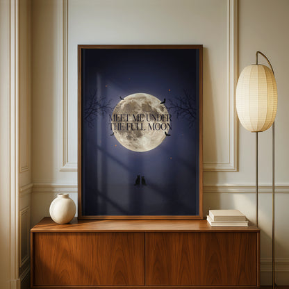 Meet Me Under The Full Moon Poster, Black Cat Halloween Wall Art, Spooky Night Print