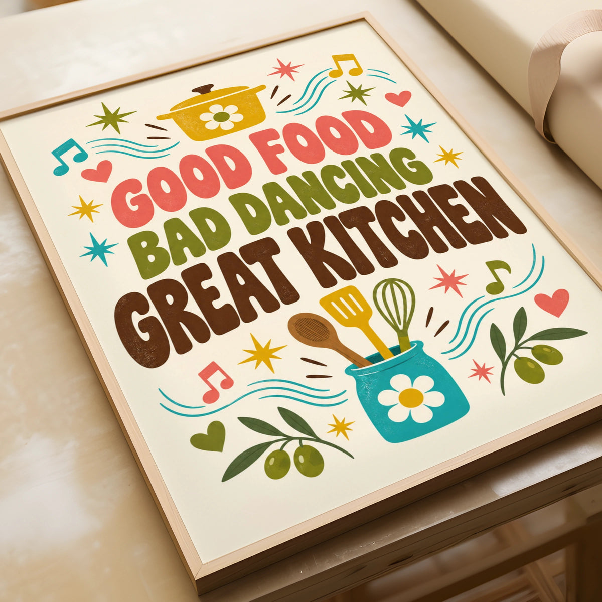 Good Food Bad Dancing Great Kitchen Poster, Funny Kitchen Wall Art, Retro Quote Print