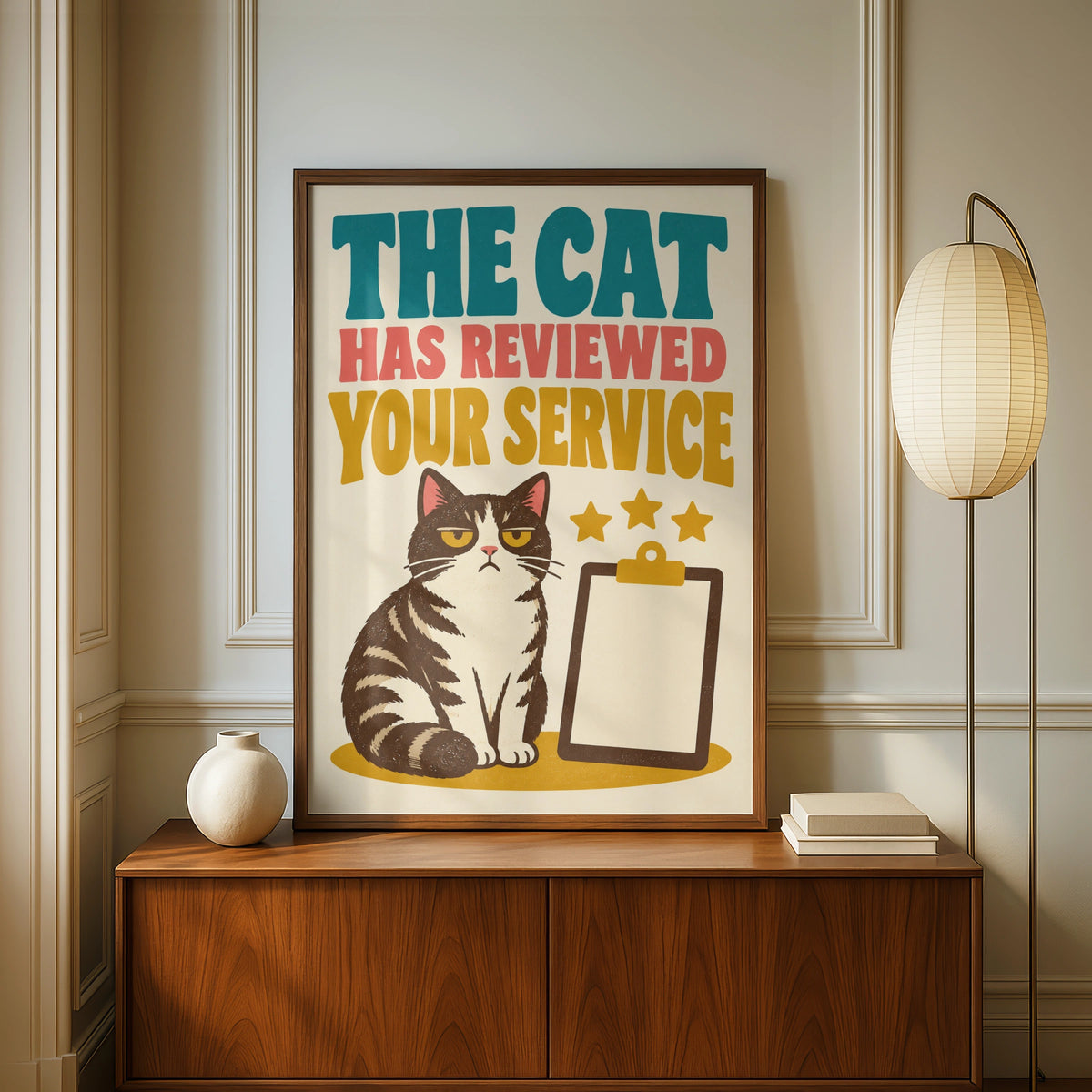 The Cat Has Reviewed Your Service Funny Cat Poster, Retro Grumpy Cat Wall Art