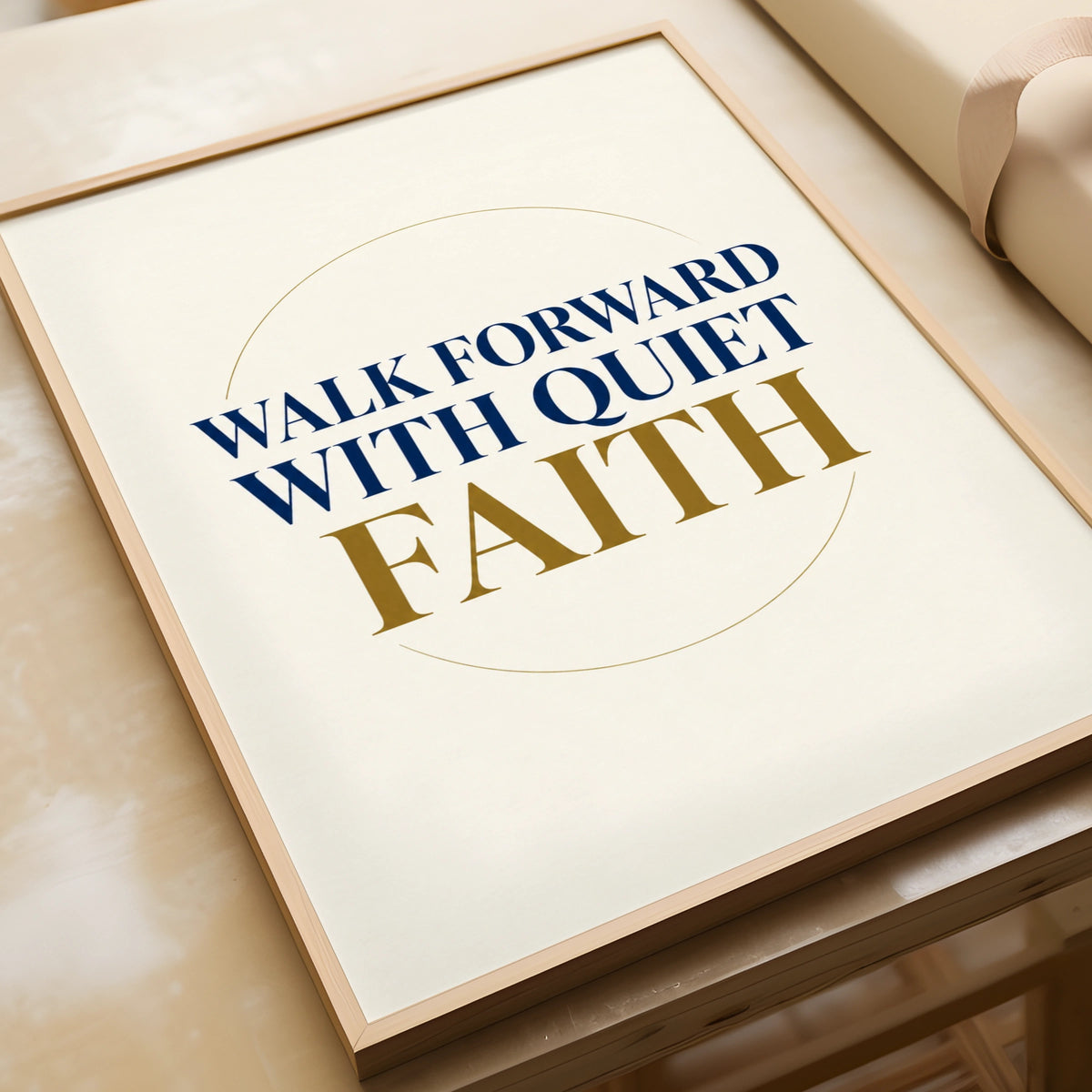 Walk Forward With Quiet Faith Poster, Inspirational Quote Print, Navy Gold Wall Art