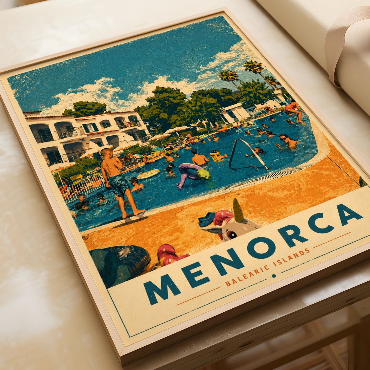 Menorca Poster, Balearic Islands Retro Travel Print, Spain Pool Summer Wall Art