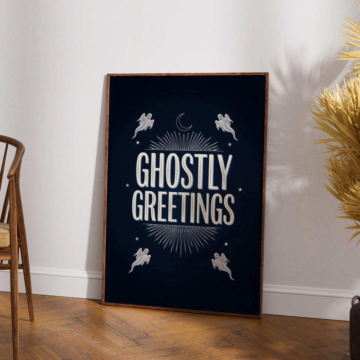 Ghostly Greetings Halloween Poster, Spooky Ghost Wall Art, Navy Blue Celestial Print