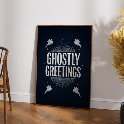 Ghostly Greetings Halloween Poster, Spooky Ghost Wall Art, Navy Blue Celestial Print