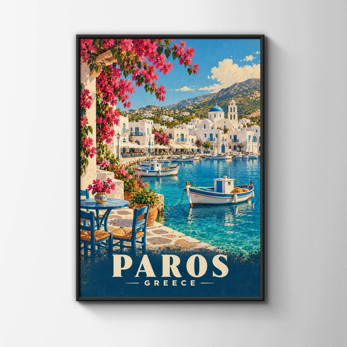 Paros Greece Travel Poster, Greek Island Wall Art, Mediterranean Harbour Print