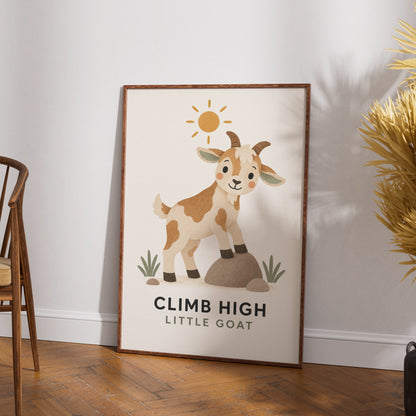 Climb High Little Goat Nursery Poster, Cute Farm Animal Wall Art, Kids Room Print