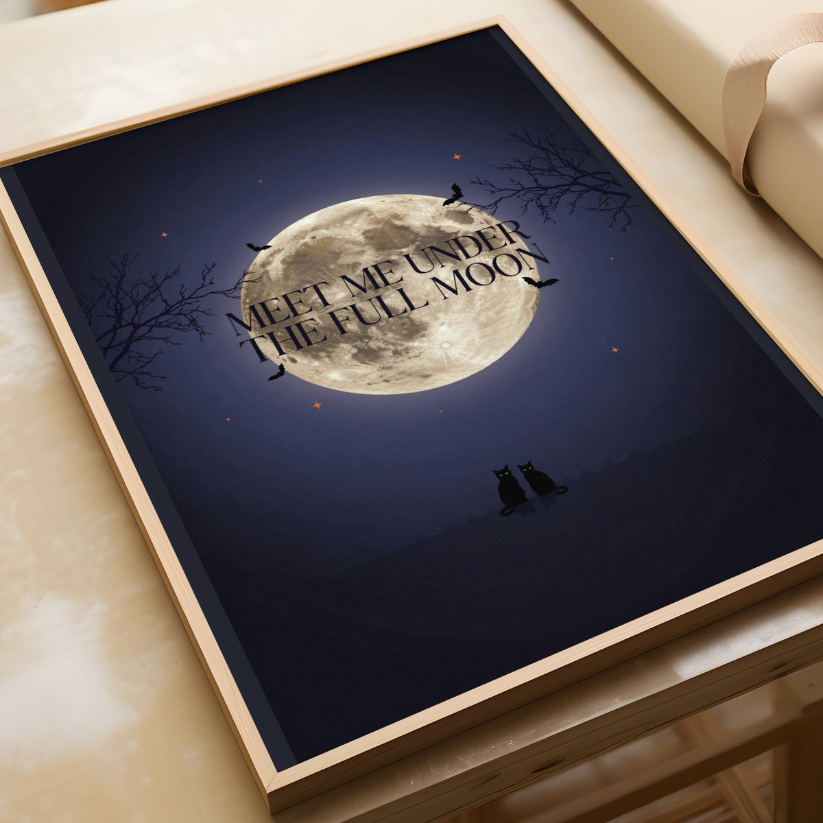 Meet Me Under The Full Moon Poster, Black Cat Halloween Wall Art, Spooky Night Print
