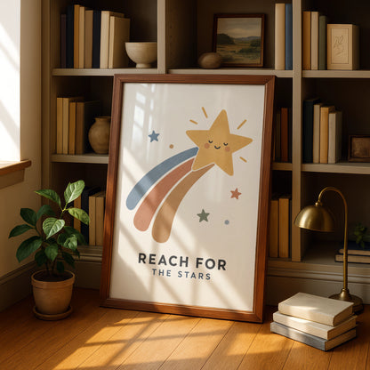 Reach For The Stars Kids Poster, Cute Shooting Star Nursery Wall Art Print