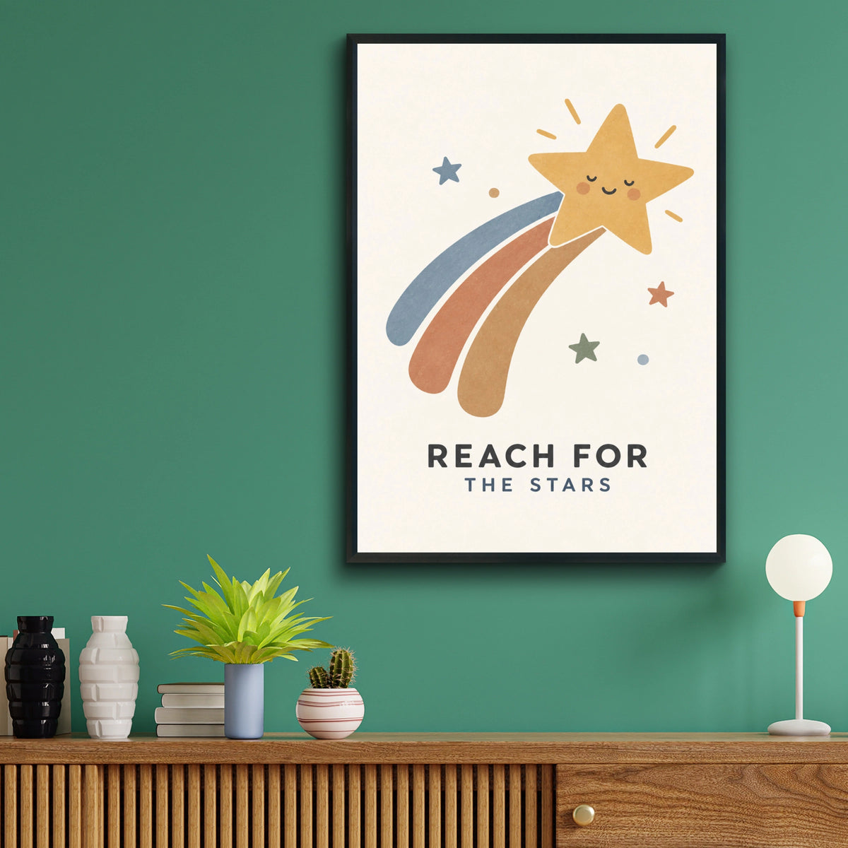 Reach For The Stars Kids Poster, Cute Shooting Star Nursery Wall Art Print