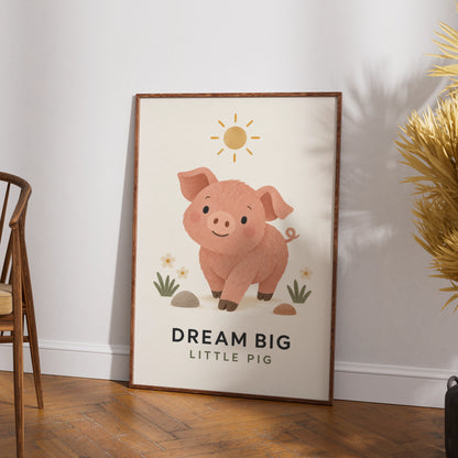 Dream Big Little Pig Nursery Poster, Cute Farm Animal Wall Art, Kids Room Print