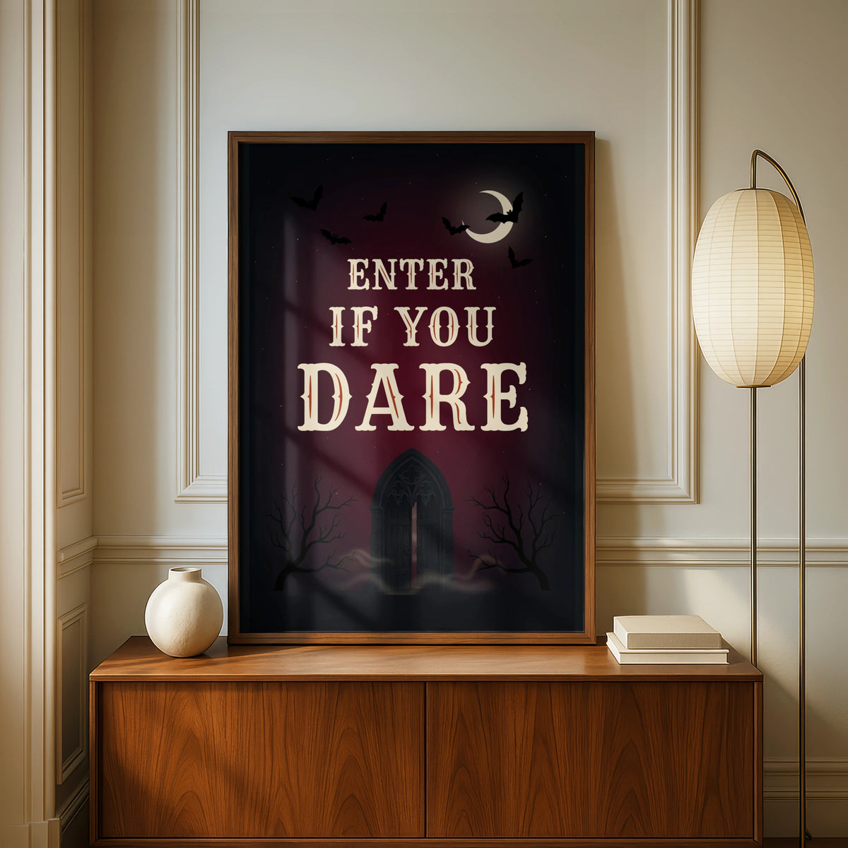 Enter If You Dare Halloween Poster, Spooky Gothic Wall Art, Dark Red Bat Moon Print