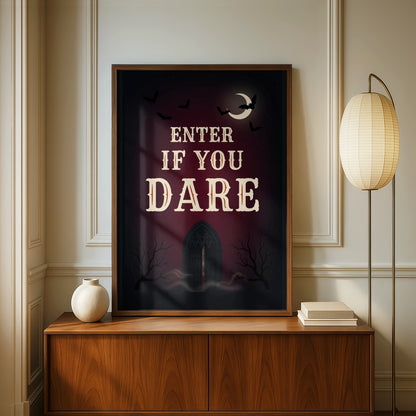 Enter If You Dare Halloween Poster, Spooky Gothic Wall Art, Dark Red Bat Moon Print