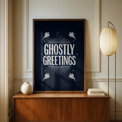 Ghostly Greetings Halloween Poster, Spooky Ghost Wall Art, Navy Blue Celestial Print