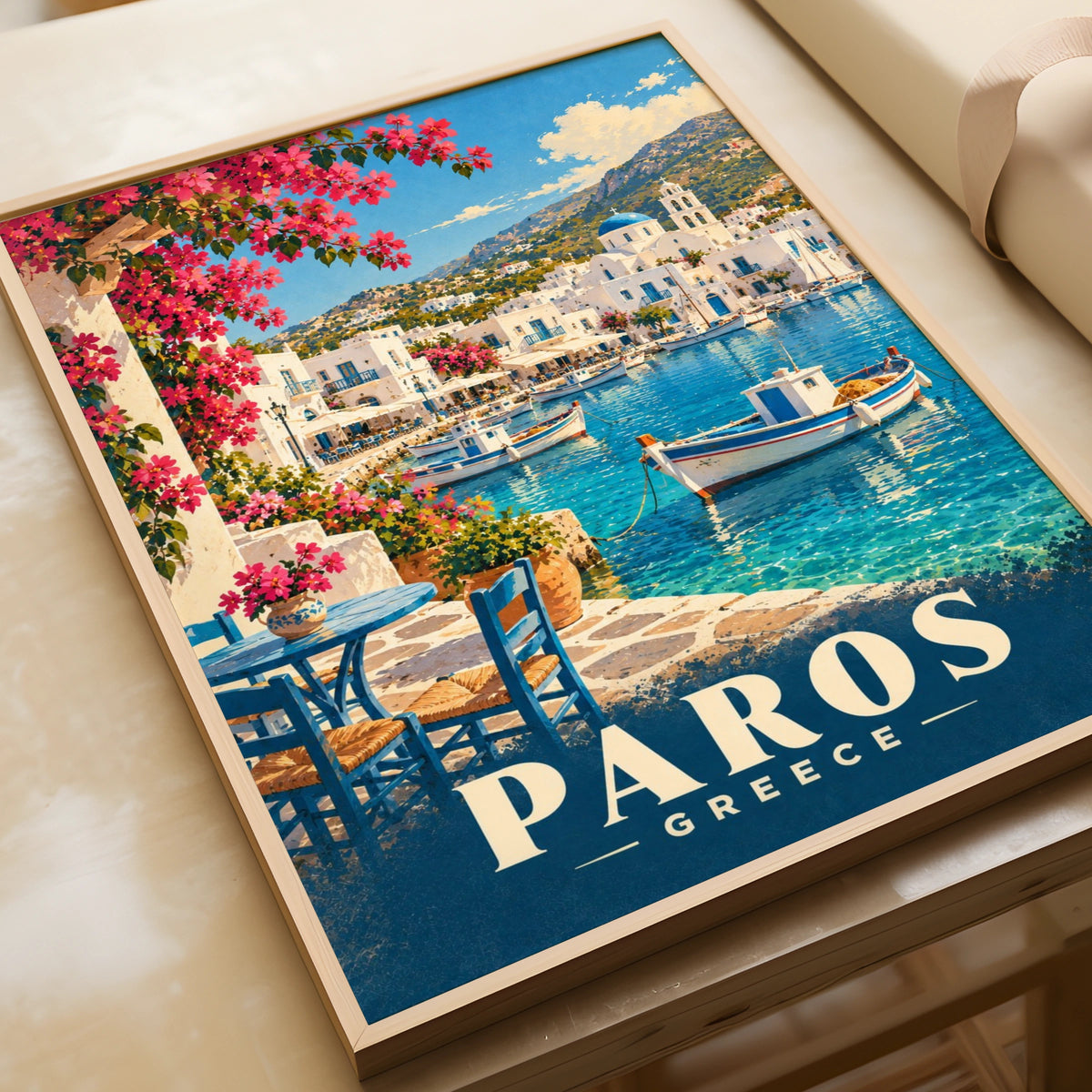 Paros Greece Travel Poster, Greek Island Wall Art, Mediterranean Harbour Print
