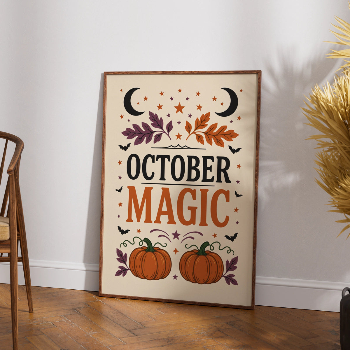 October Magic Halloween Poster, Autumn Pumpkin Wall Art, Witchy Celestial Seasonal Print