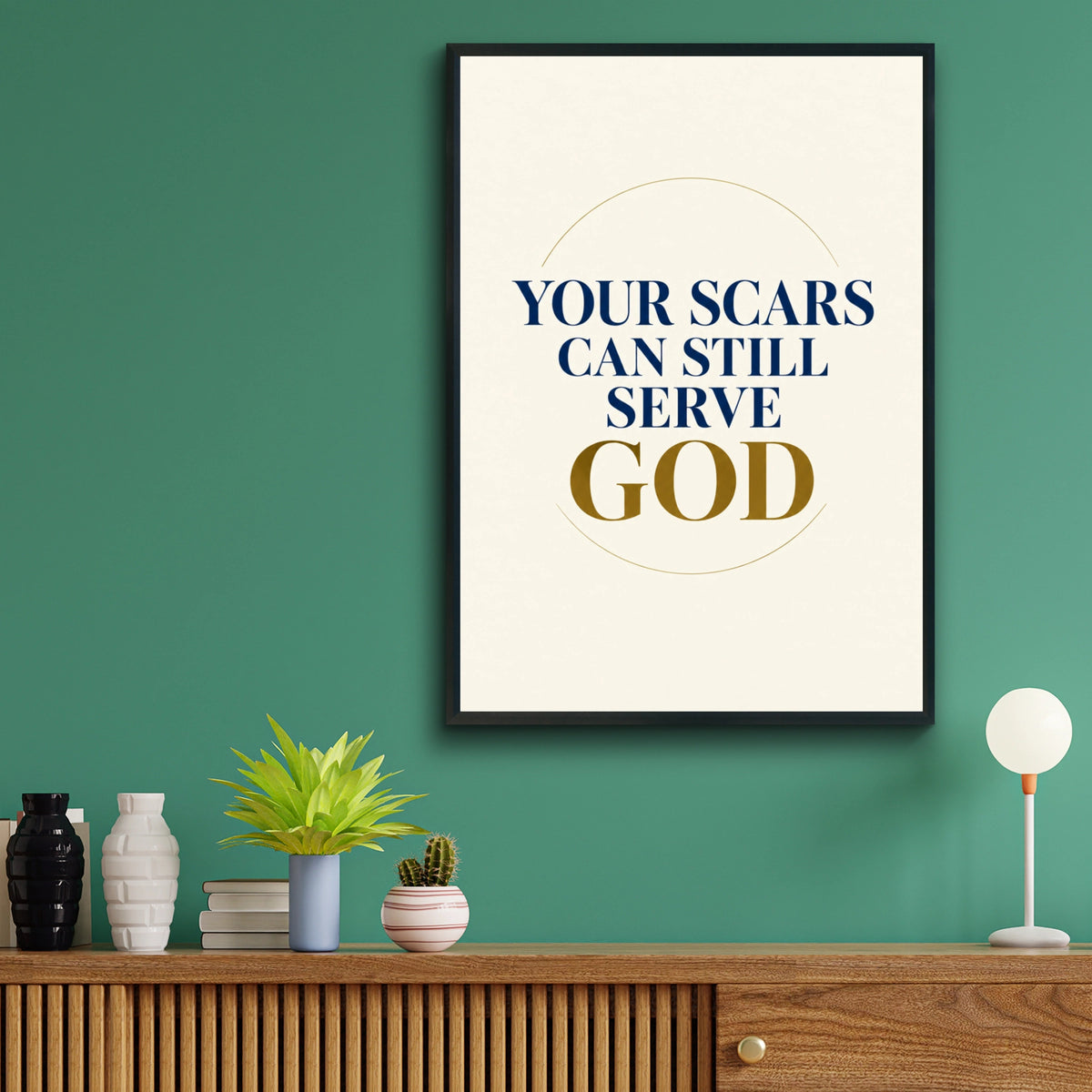 Your Scars Can Still Serve God Christian Quote Poster, Navy Gold Faith Wall Art