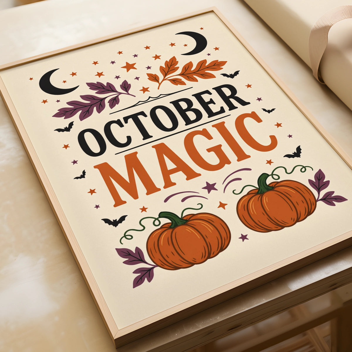 October Magic Halloween Poster, Autumn Pumpkin Wall Art, Witchy Celestial Seasonal Print