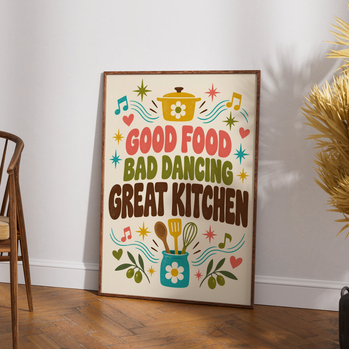 Good Food Bad Dancing Great Kitchen Poster, Funny Kitchen Wall Art, Retro Quote Print