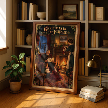 Christmas by the Fireside Poster, Victorian Family Print, Vintage Holiday Wall Art