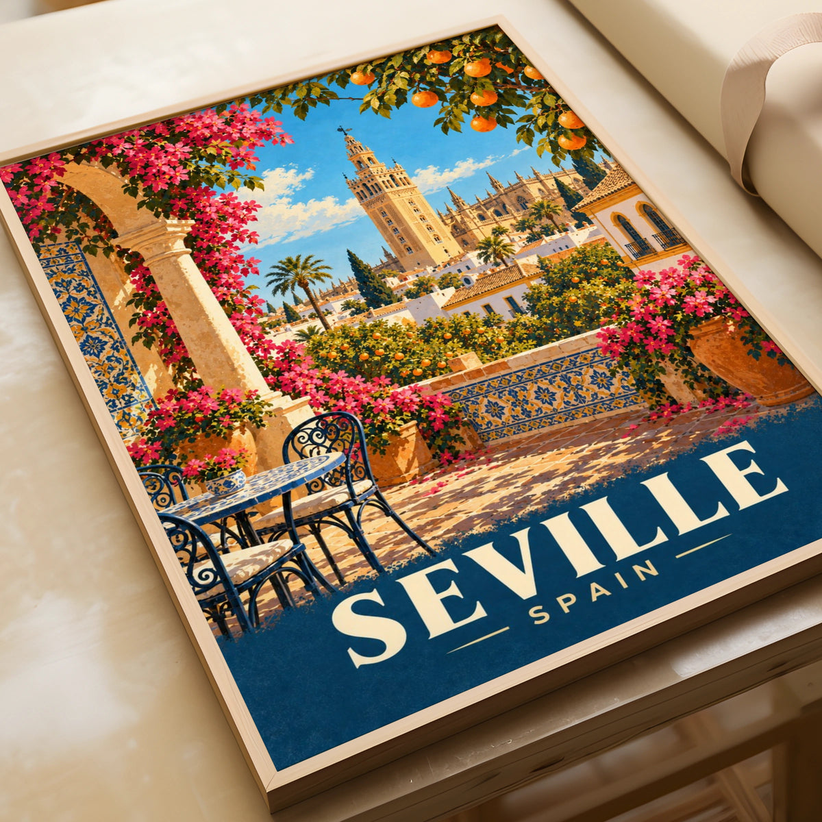 Seville Spain Travel Poster, Giralda Cathedral Wall Art, Vintage Spanish Print
