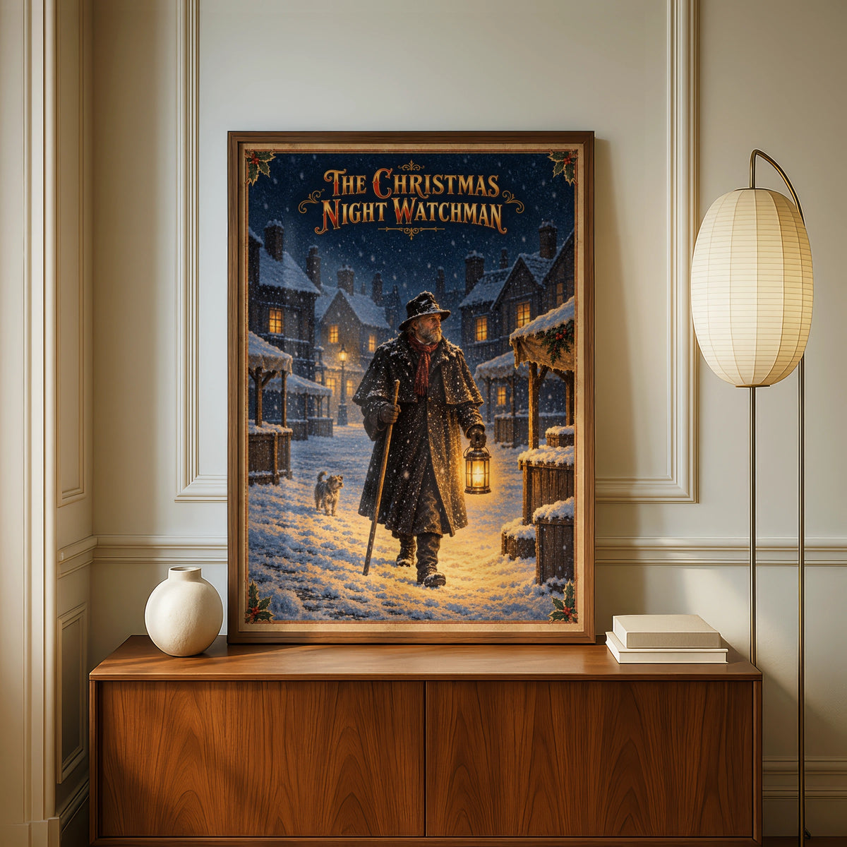 Victorian Christmas Night Watchman Poster, Snowy Village Wall Art, Vintage Festive Print