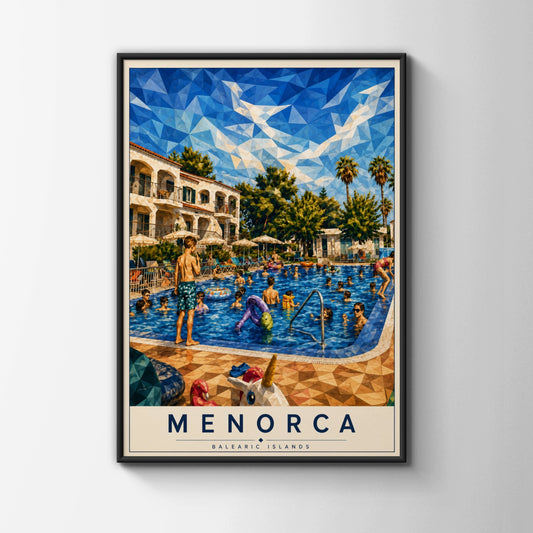 Menorca Travel Poster, Balearic Islands Pool Print, Spain Holiday Wall Art, Geometric Low Poly