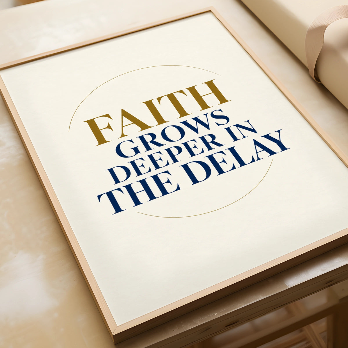 Faith Grows Deeper In The Delay Christian Poster, Navy Gold Quote Wall Art Print