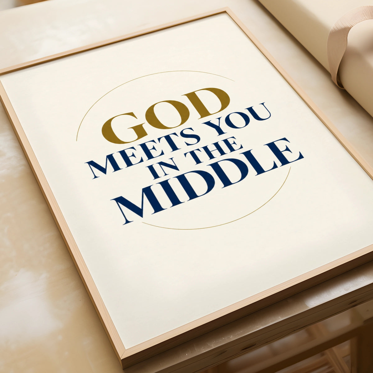 God Meets You In The Middle Christian Faith Poster, Navy Gold Quote Wall Art