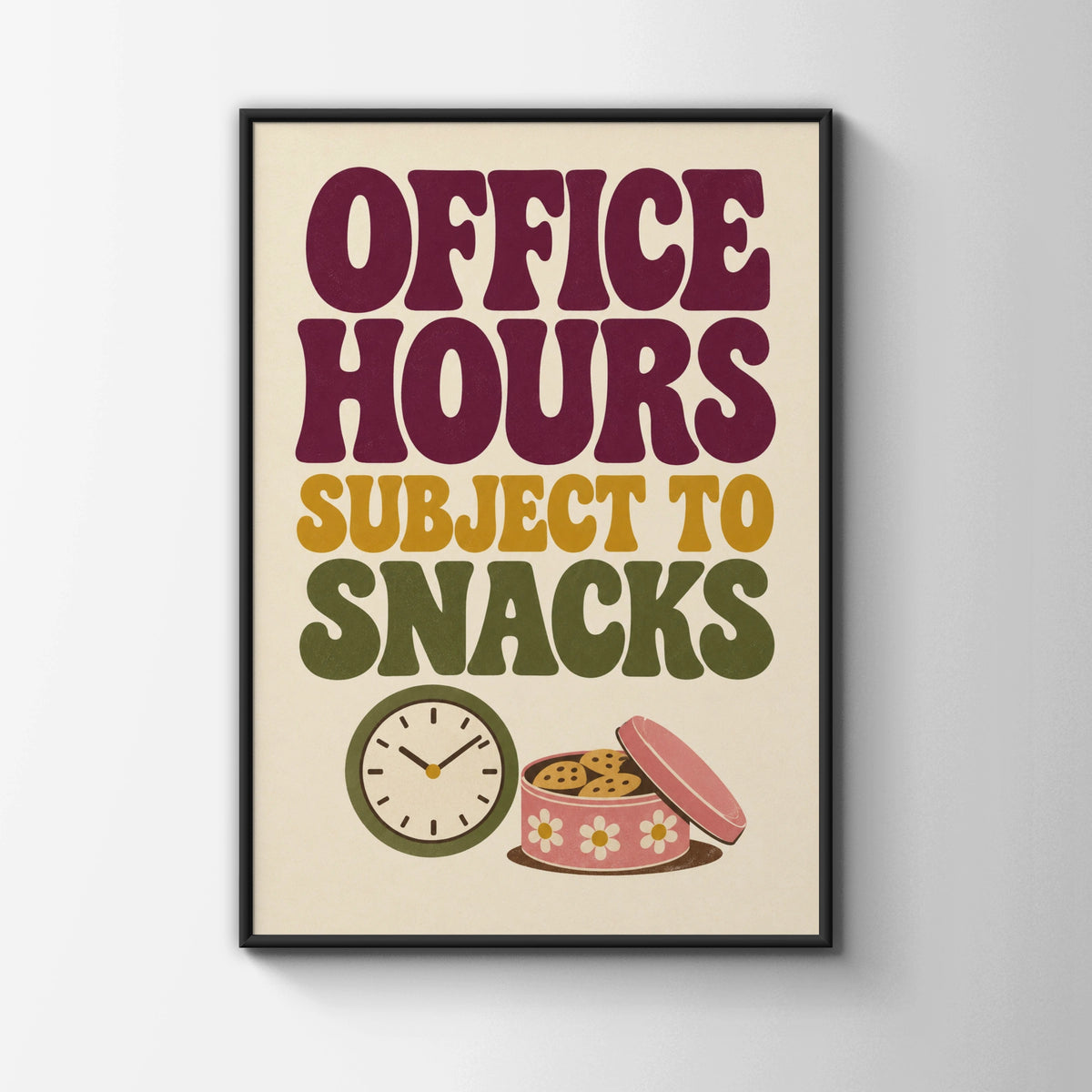 Office Hours Subject To Snacks Poster, Funny Work Quote, Retro Home Office Wall Art
