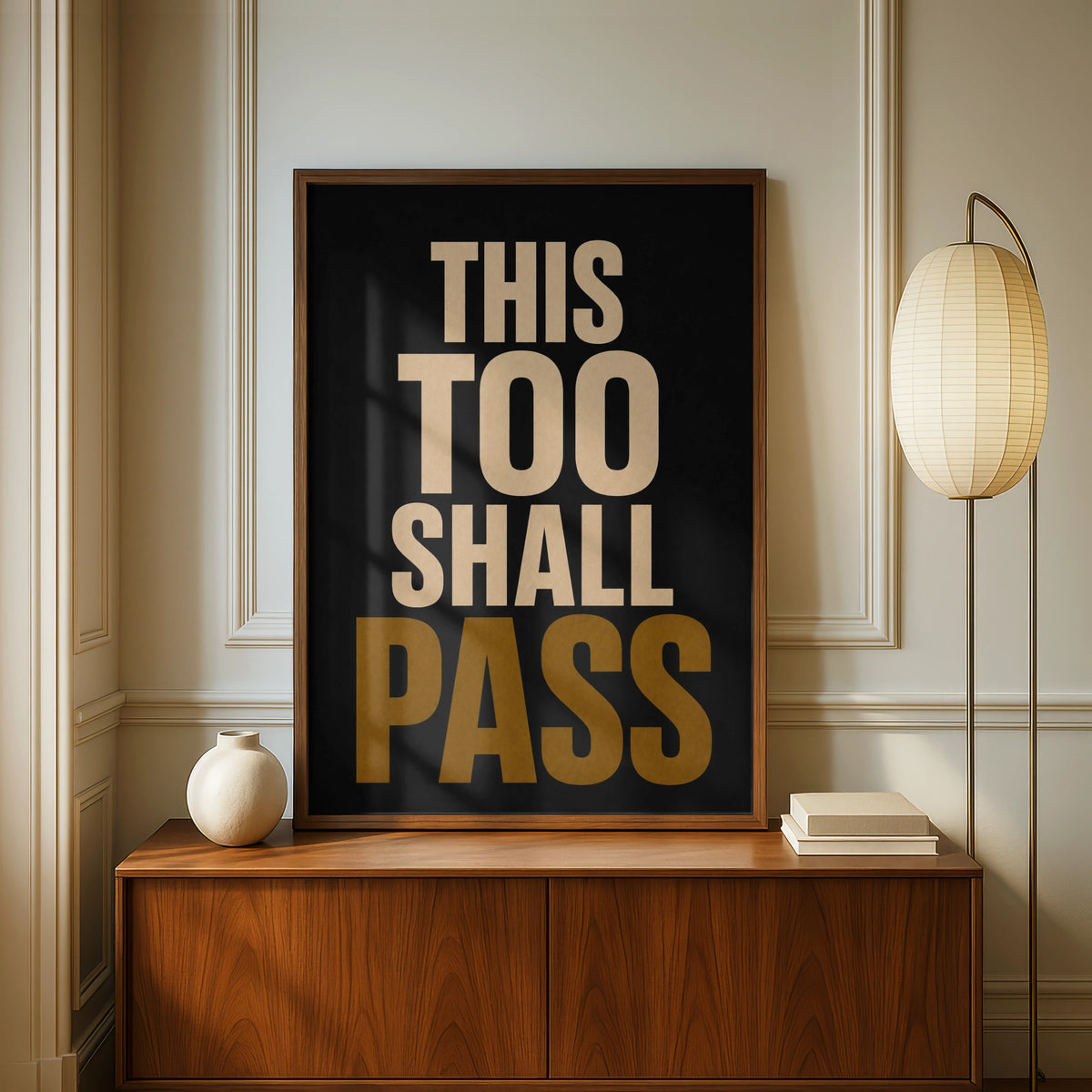 This Too Shall Pass Motivational Quote Poster, Black Gold Typography Wall Art