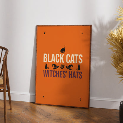 Black Cats and Witches Hats Halloween Poster, Orange Spooky Wall Art Print