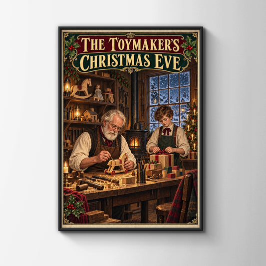 Toymaker's Christmas Eve Workshop Poster, Vintage Festive Wall Art, Nostalgic Holiday Print