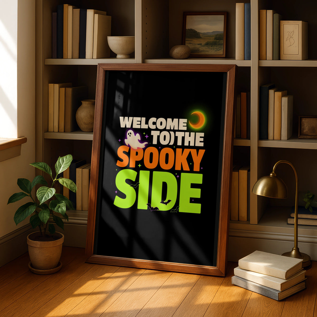 Welcome To The Spooky Side Halloween Poster, Ghost Bat Moon Wall Art Print